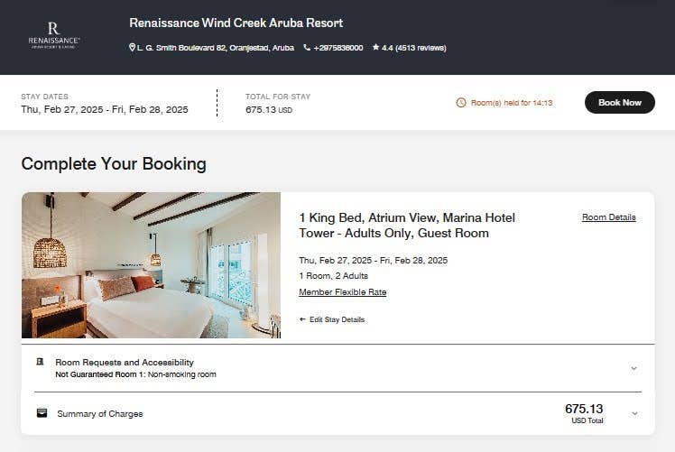 Screenshot showing example booking at the Renaissance Wind Creek Aruba Resort for 64,000 points per night